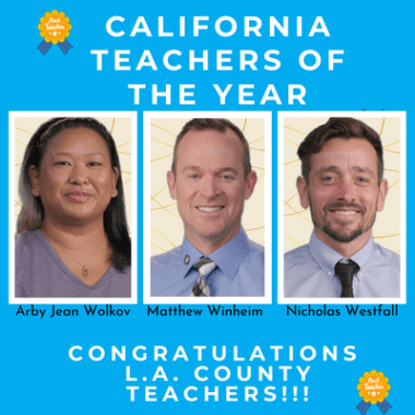 3-photo collage of 2025 California Teachers of the Year who are from L.A. County, set on a light-blue background.