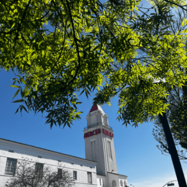 Building sign says Merced in downtown Merced