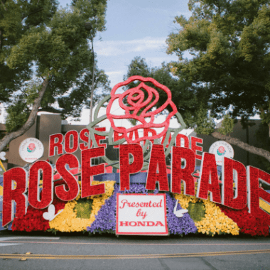 A photo of the main Rose Parade float in red.